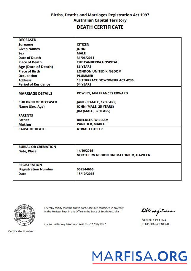 Realistic Australia Australian Capital Territory death certificate template in Word